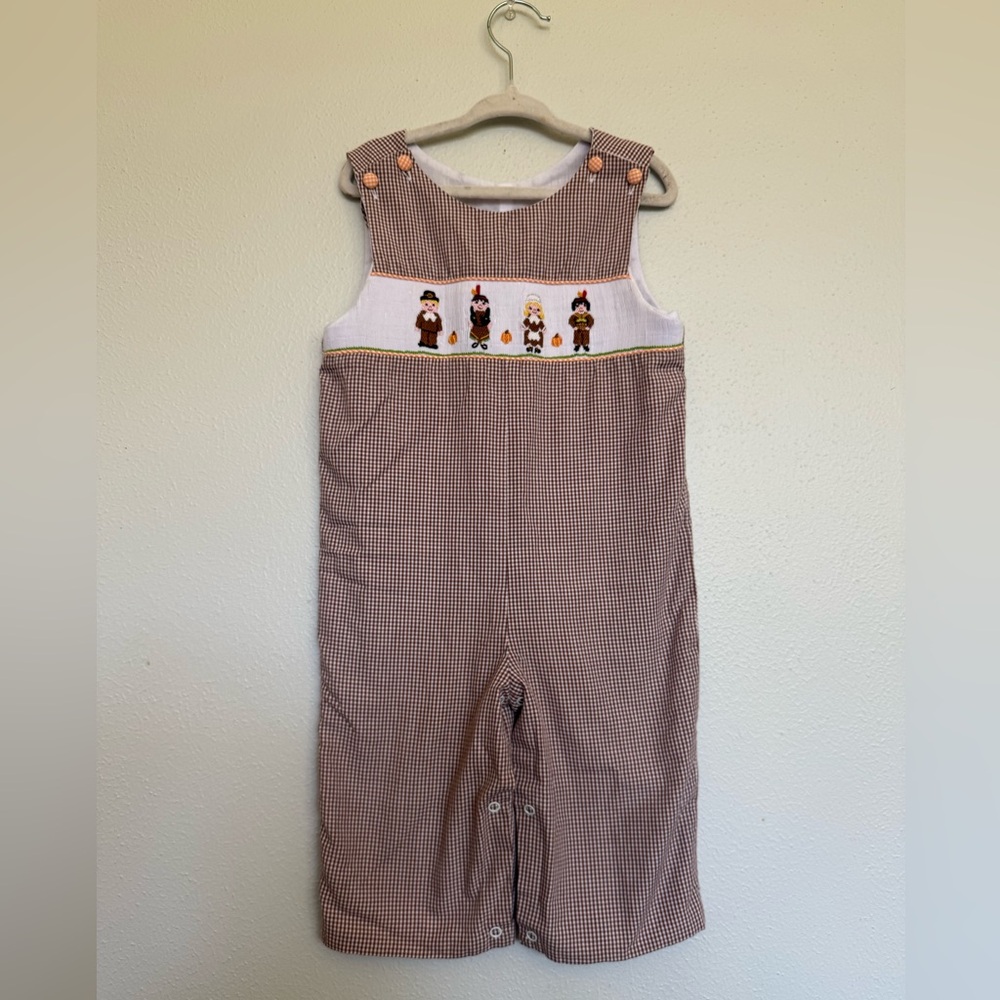 Brown Gingham Kids Romper with Harvest Smocking